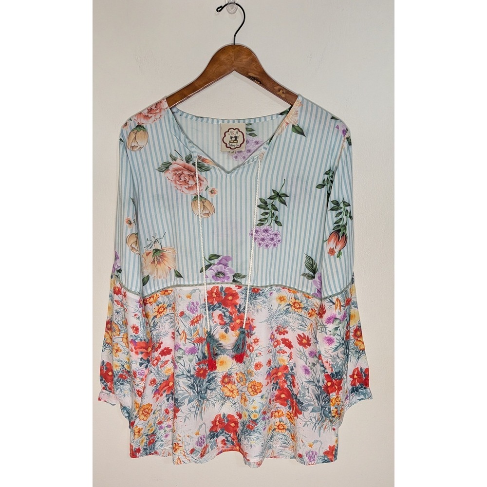 Women Sz Medium Floral Stripe Tunic Blouse Tassel Tie Boho Peasant Artsy F